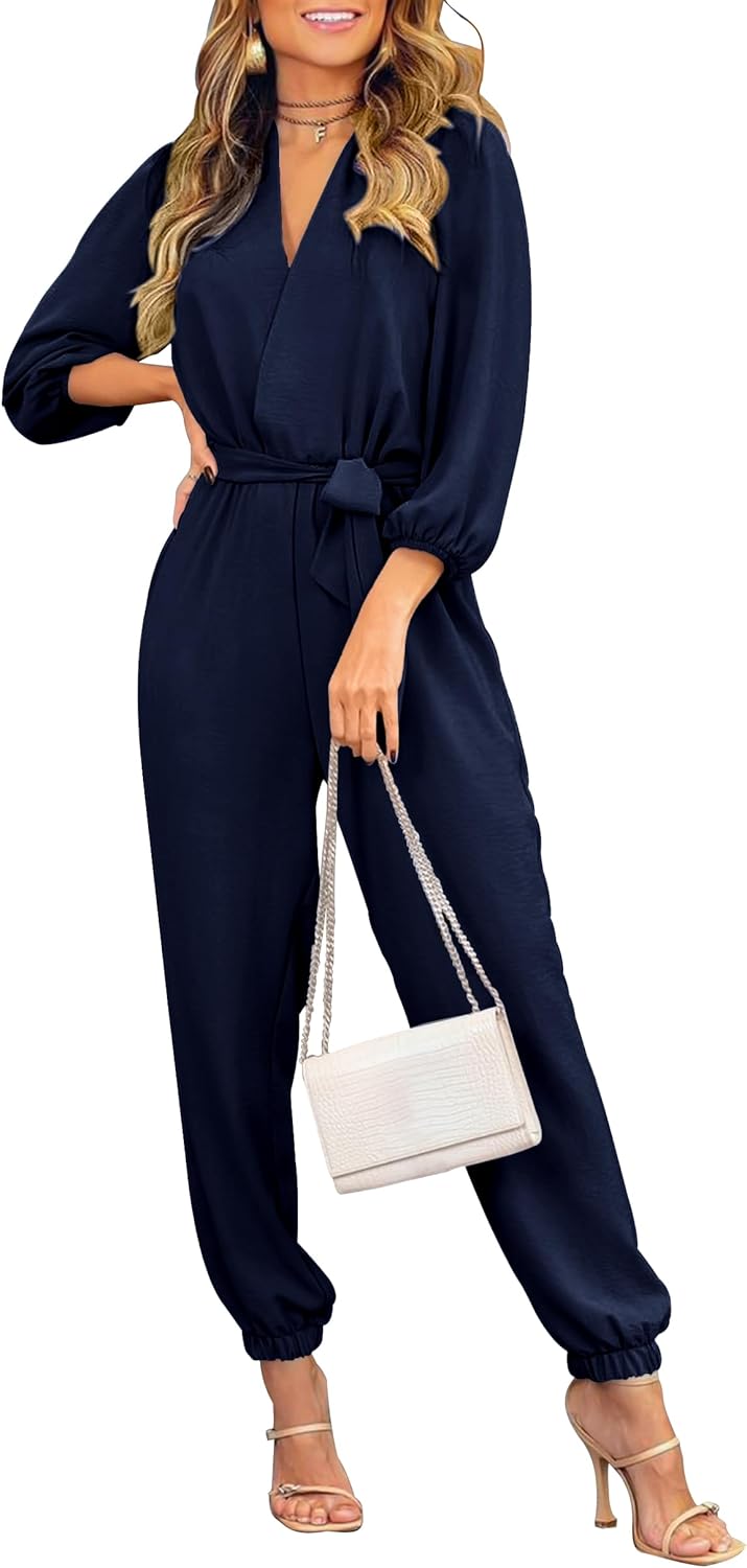 PRETTYGARDEN Women's Fall Jumpsuits Dressy Casual Pants Romper Spring Long Sleeve V Neck Belt Pockets One Piece Outfits