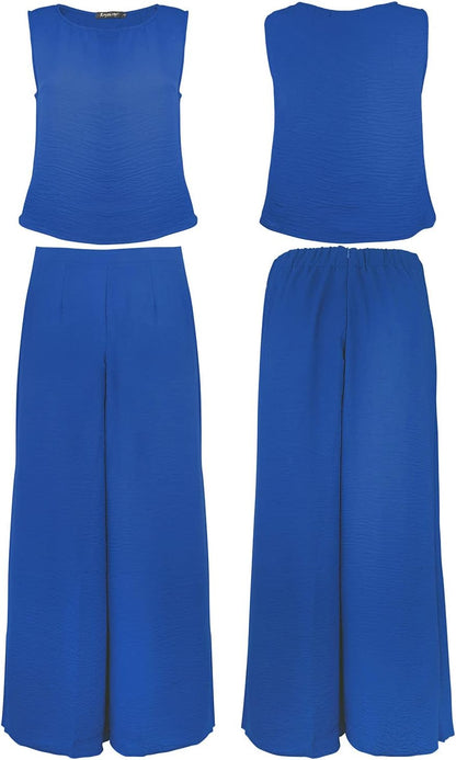 ROYLAMP Women's Summer 2 Piece Outfits Round neck Crop Basic Top Cropped Wide Leg pants Set Jumpsuits