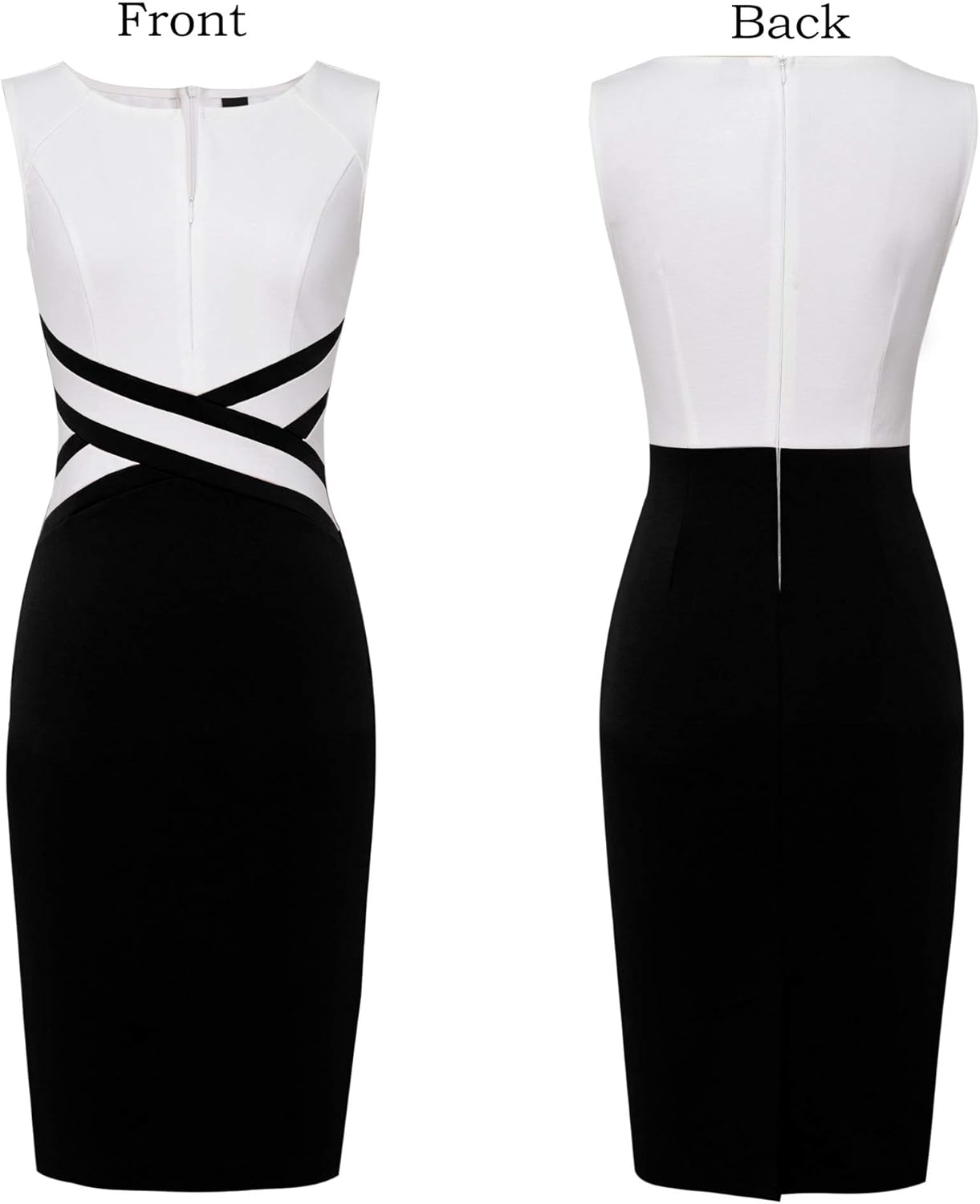 VFSHOW Womens Colorblock Patchwork Slim Front Zipper Work Business Office Party Bodycon Pencil Sheath Dress