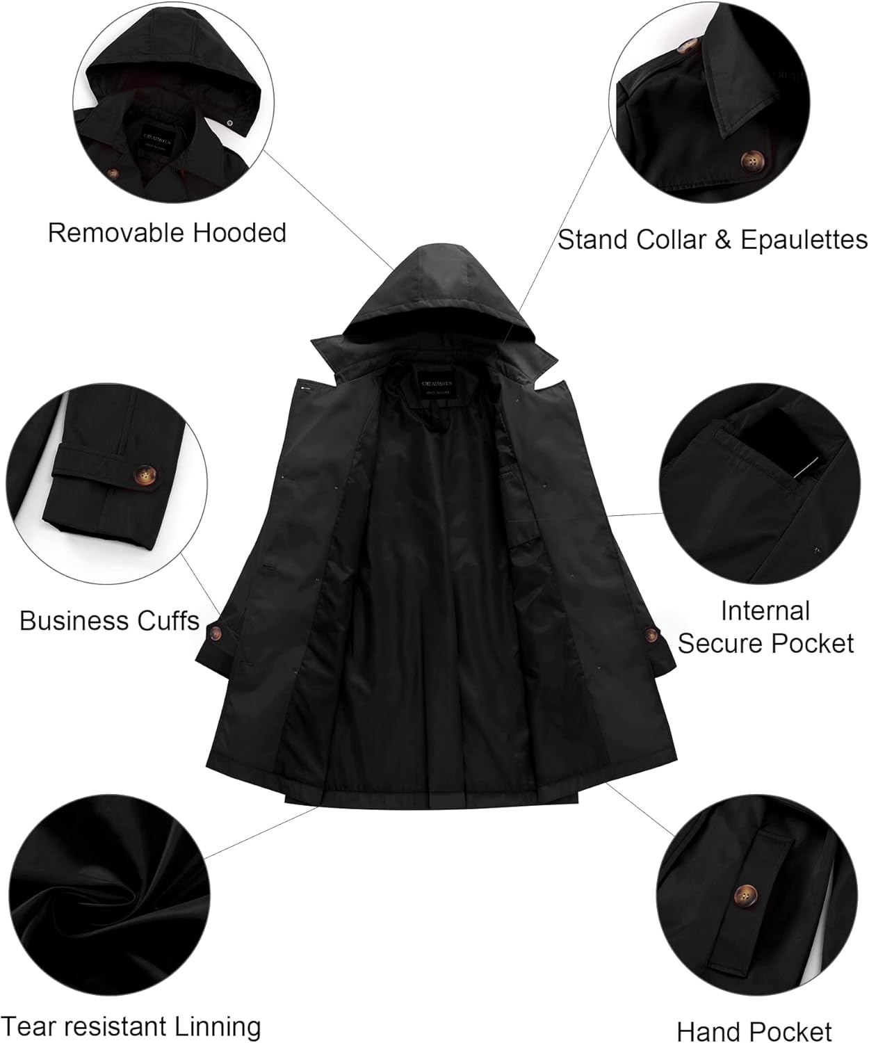 CREATMO US Women's Trench Coat Double-Breasted Classic Lapel Overcoat Belted Slim Outerwear Coat with Detachable Hood
