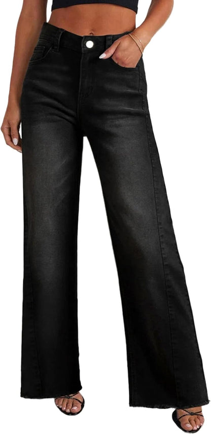 PRETTYGARDEN Wide Leg Jeans for Women Trendy 2025 High Waisted Stretchy Baggy Raw Hem Denim Palazzo Pants with Pockets