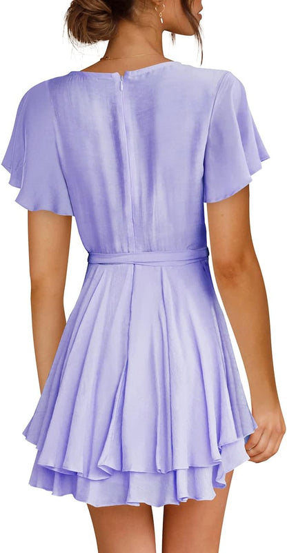 Cosonsen Women's Dress Deep V-Neck Long Sleeve Waist Tie Ruffle Mini Swing Skater Dresses