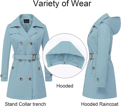 CREATMO US Women's Trench Coat Double-Breasted Classic Lapel Overcoat Belted Slim Outerwear Coat with Detachable Hood