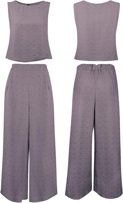 ROYLAMP Women's Summer 2 Piece Outfits Round neck Crop Basic Top Cropped Wide Leg pants Set Jumpsuits