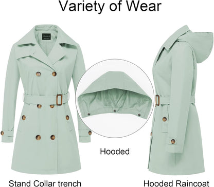 CREATMO US Women's Trench Coat Double-Breasted Classic Lapel Overcoat Belted Slim Outerwear Coat with Detachable Hood