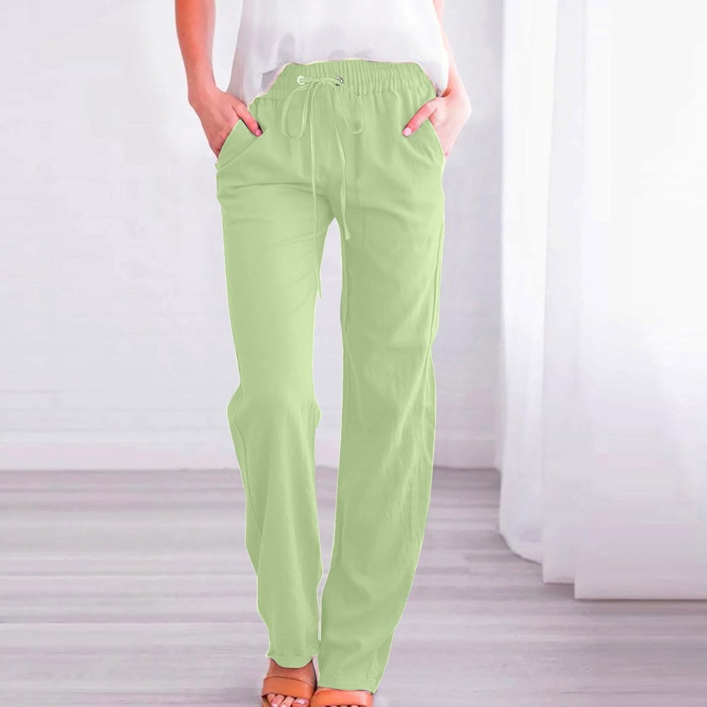 Linen Pants Women Fall Fashion High Waisted Cotton Pants Ladies Casual Plus Size Loose Fit Wide Leg Lounge Trousers