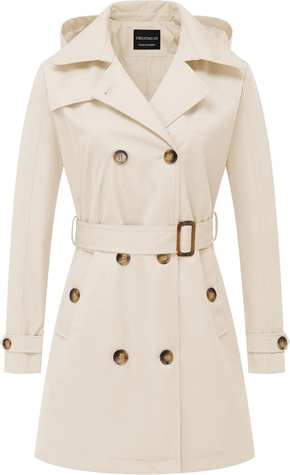 CREATMO US Women's Trench Coat Double-Breasted Classic Lapel Overcoat Belted Slim Outerwear Coat with Detachable Hood