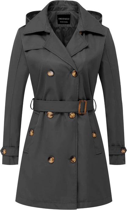 CREATMO US Women's Trench Coat Double-Breasted Classic Lapel Overcoat Belted Slim Outerwear Coat with Detachable Hood