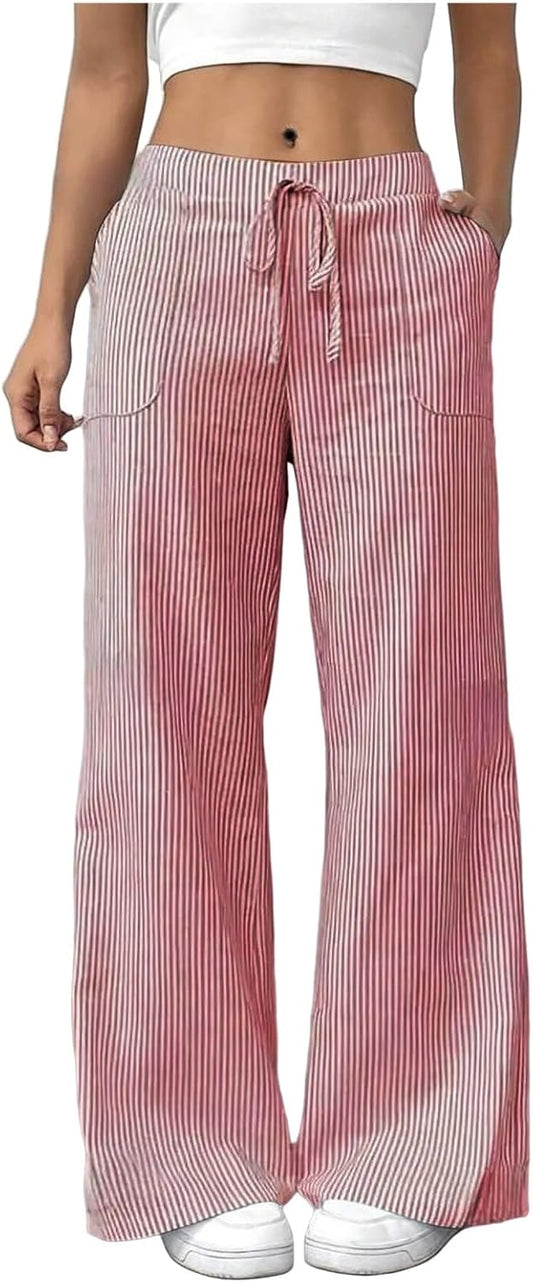 Women's Fashion Striped Cotton Linen Pants Casual Drawstring Waist Wide Leg Pants 2025 Trendy Baggy Beach Trousers