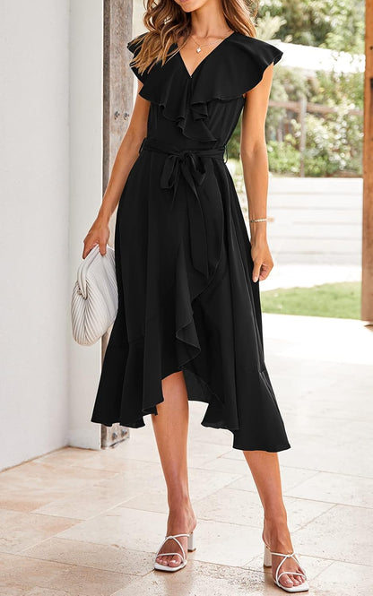 PRETTYGARDEN Women's 2025 Summer Cross Midi Dress Casual Boho Deep V Neck Short Sleeve Ruffle Hem Split Beach Long Dresses