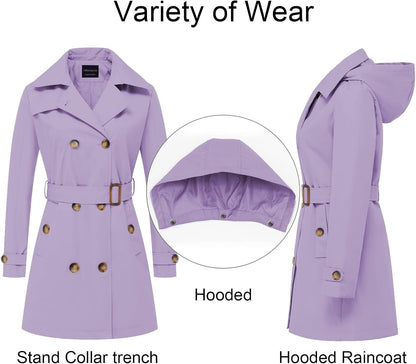 CREATMO US Women's Trench Coat Double-Breasted Classic Lapel Overcoat Belted Slim Outerwear Coat with Detachable Hood