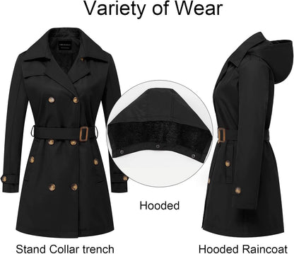 CREATMO US Women's Trench Coat Double-Breasted Classic Lapel Overcoat Belted Slim Outerwear Coat with Detachable Hood