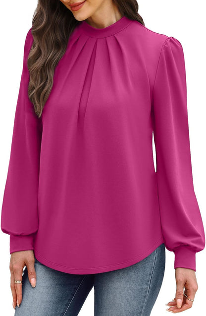 WIHOLL Long Sleeve Shirts for Women Mock Neck Tops Pleated Front Blouses Dressy Casual Fall Clothes 2025 Fashion