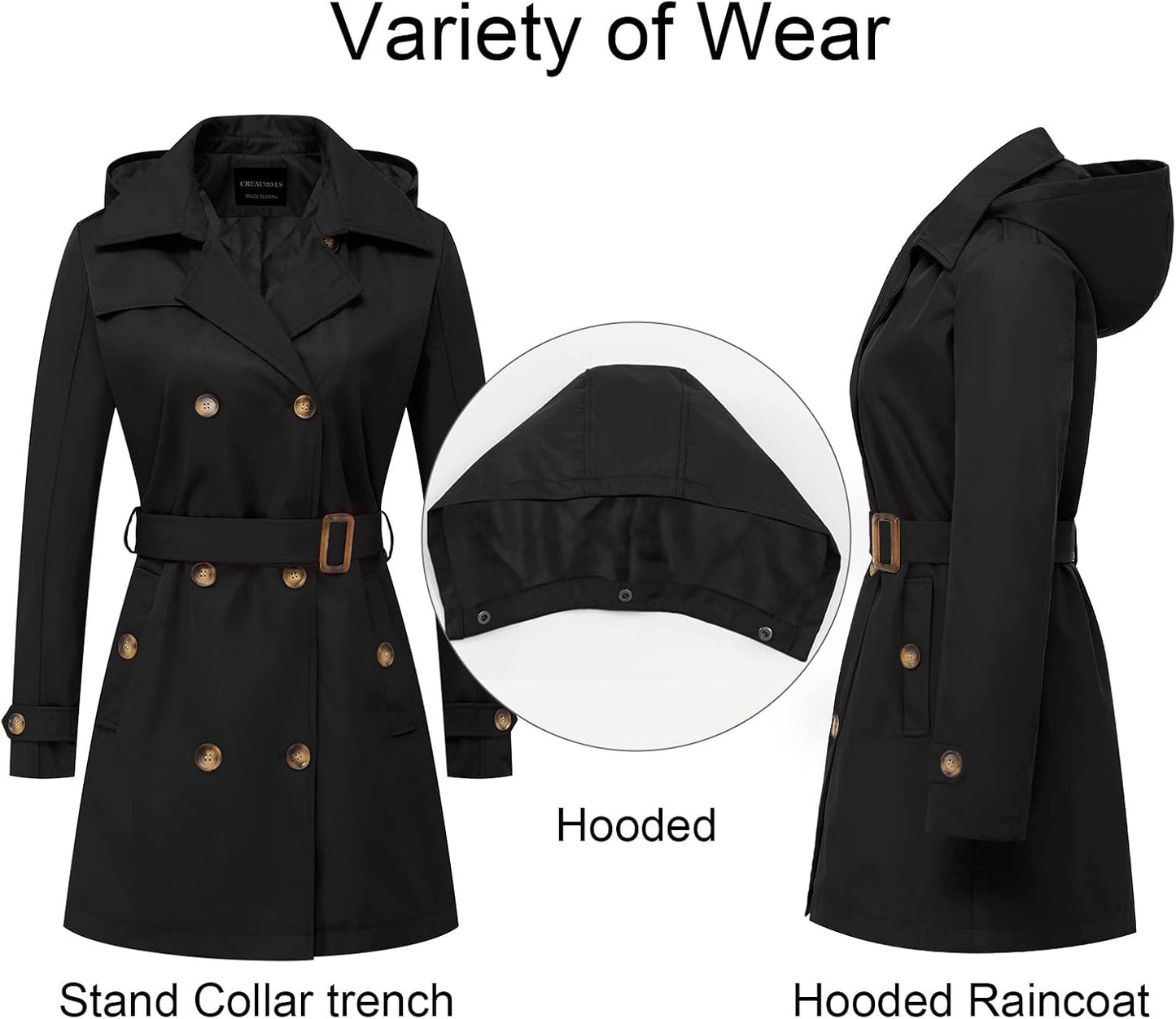 CREATMO US Women's Trench Coat Double-Breasted Classic Lapel Overcoat Belted Slim Outerwear Coat with Detachable Hood
