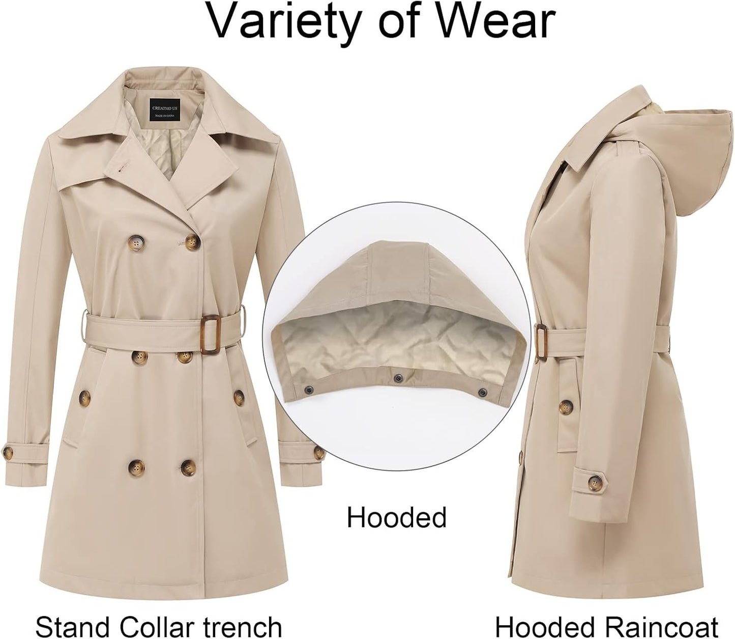 CREATMO US Women's Trench Coat Double-Breasted Classic Lapel Overcoat Belted Slim Outerwear Coat with Detachable Hood
