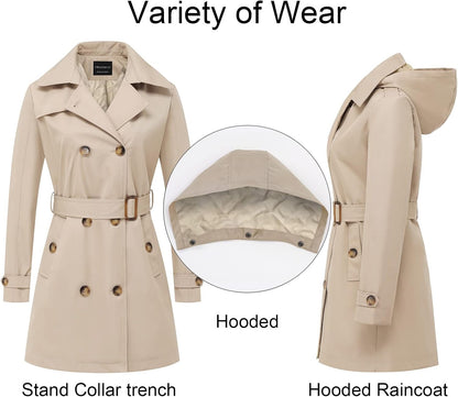 CREATMO US Women's Trench Coat Double-Breasted Classic Lapel Overcoat Belted Slim Outerwear Coat with Detachable Hood