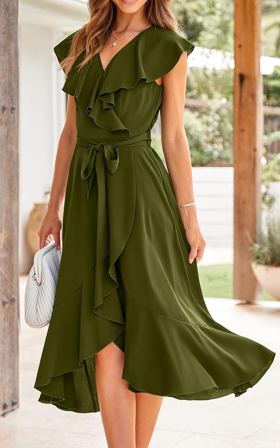 PRETTYGARDEN Women's 2025 Summer Cross Midi Dress Casual Boho Deep V Neck Short Sleeve Ruffle Hem Split Beach Long Dresses