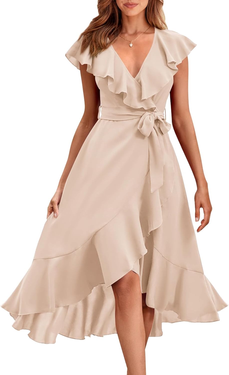 PRETTYGARDEN Women's 2025 Summer Cross Midi Dress Casual Boho Deep V Neck Short Sleeve Ruffle Hem Split Beach Long Dresses