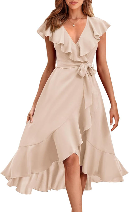 PRETTYGARDEN Women's 2025 Summer Cross Midi Dress Casual Boho Deep V Neck Short Sleeve Ruffle Hem Split Beach Long Dresses