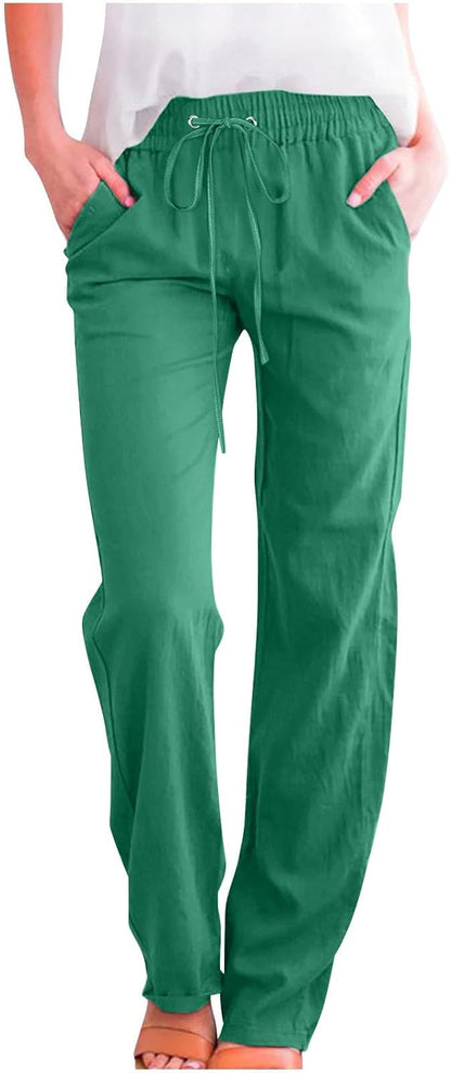 Linen Pants Women Fall Fashion High Waisted Cotton Pants Ladies Casual Plus Size Loose Fit Wide Leg Lounge Trousers