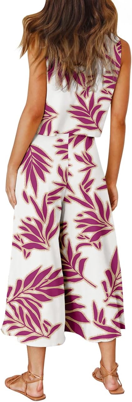ROYLAMP Women's Summer 2 Piece Outfits Round neck Crop Basic Top Cropped Wide Leg pants Set Jumpsuits