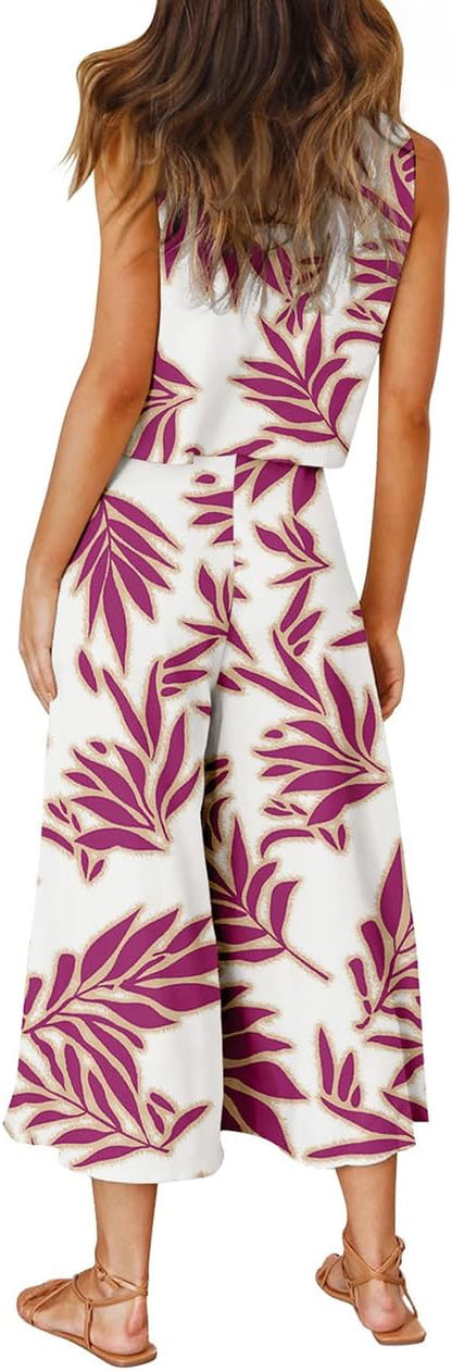 ROYLAMP Women's Summer 2 Piece Outfits Round neck Crop Basic Top Cropped Wide Leg pants Set Jumpsuits