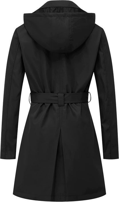 CREATMO US Women's Trench Coat Double-Breasted Classic Lapel Overcoat Belted Slim Outerwear Coat with Detachable Hood