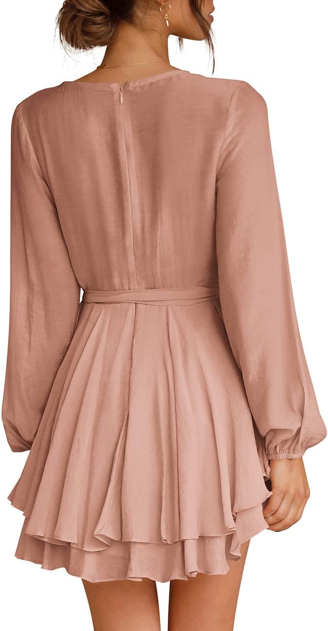 Cosonsen Women's Dress Deep V-Neck Long Sleeve Waist Tie Ruffle Mini Swing Skater Dresses