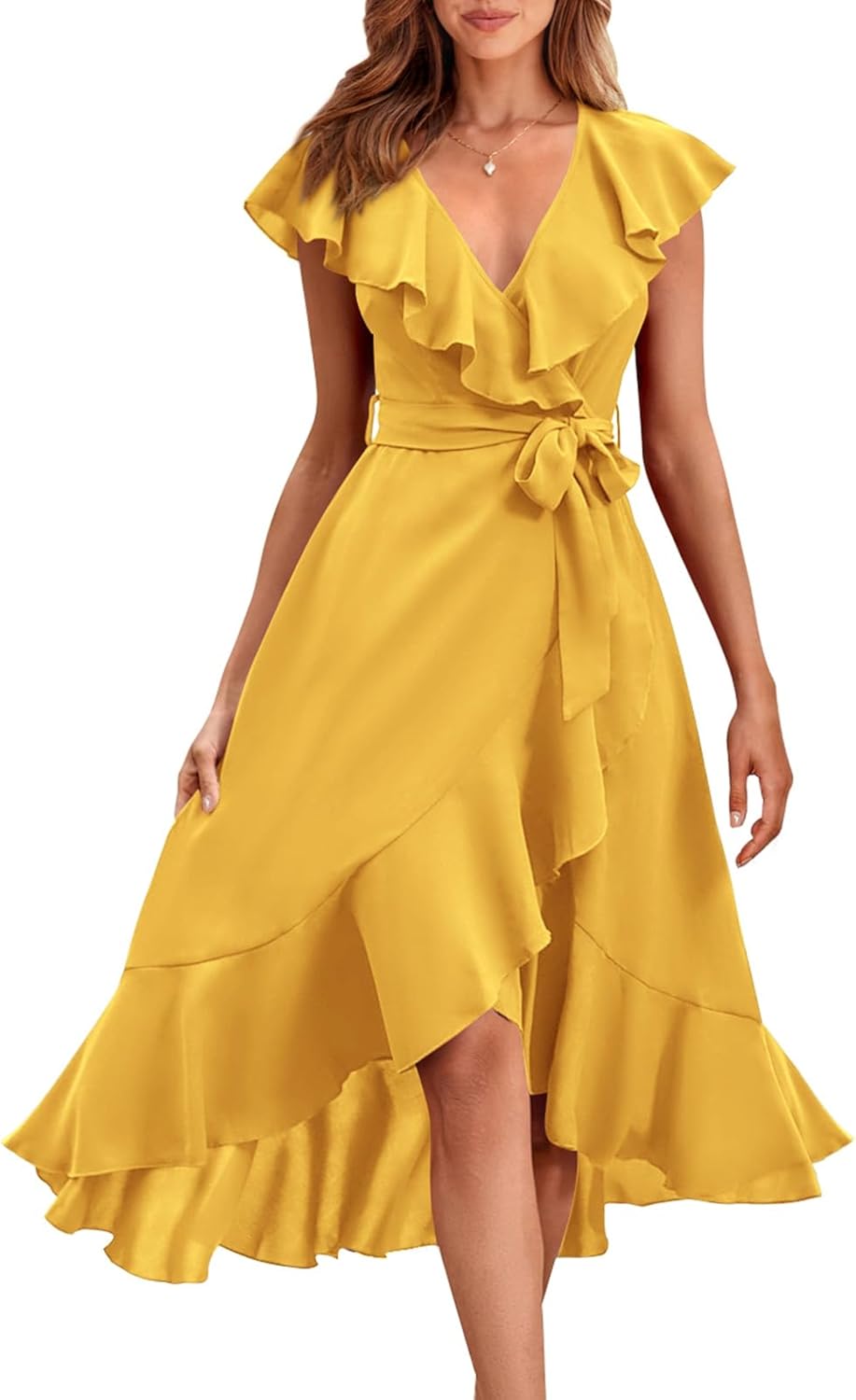 PRETTYGARDEN Women's 2025 Summer Cross Midi Dress Casual Boho Deep V Neck Short Sleeve Ruffle Hem Split Beach Long Dresses
