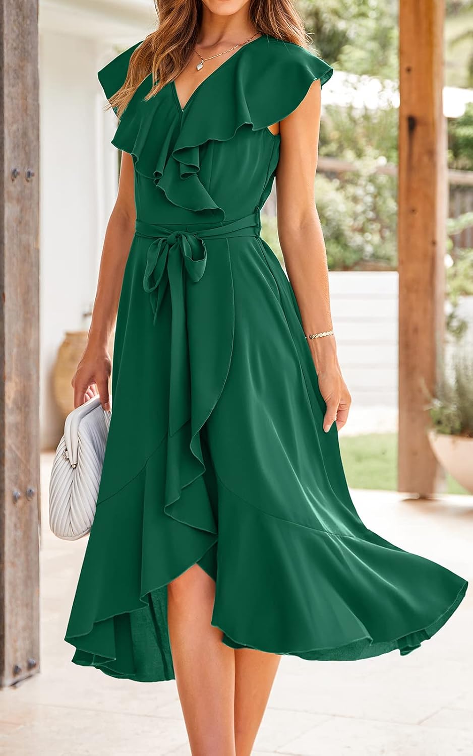 PRETTYGARDEN Women's 2025 Summer Cross Midi Dress Casual Boho Deep V Neck Short Sleeve Ruffle Hem Split Beach Long Dresses