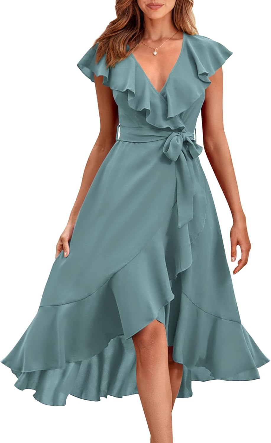 PRETTYGARDEN Women's 2025 Summer Cross Midi Dress Casual Boho Deep V Neck Short Sleeve Ruffle Hem Split Beach Long Dresses