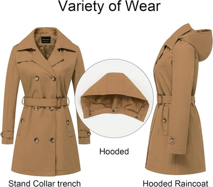 CREATMO US Women's Trench Coat Double-Breasted Classic Lapel Overcoat Belted Slim Outerwear Coat with Detachable Hood