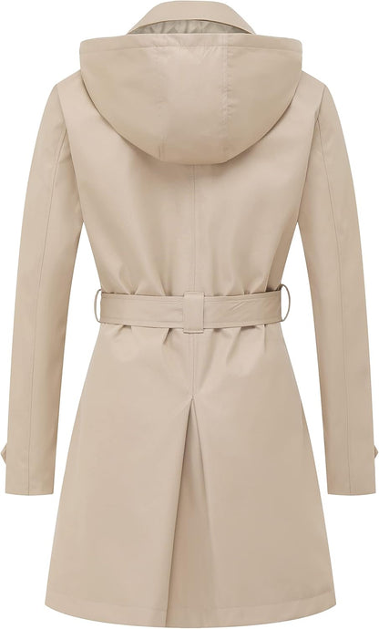 CREATMO US Women's Trench Coat Double-Breasted Classic Lapel Overcoat Belted Slim Outerwear Coat with Detachable Hood