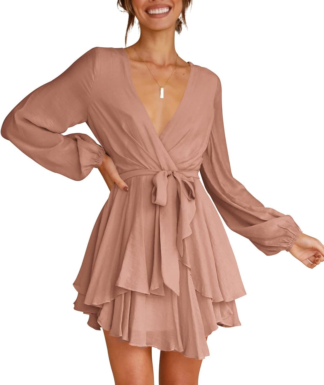 Cosonsen Women's Dress Deep V-Neck Long Sleeve Waist Tie Ruffle Mini Swing Skater Dresses