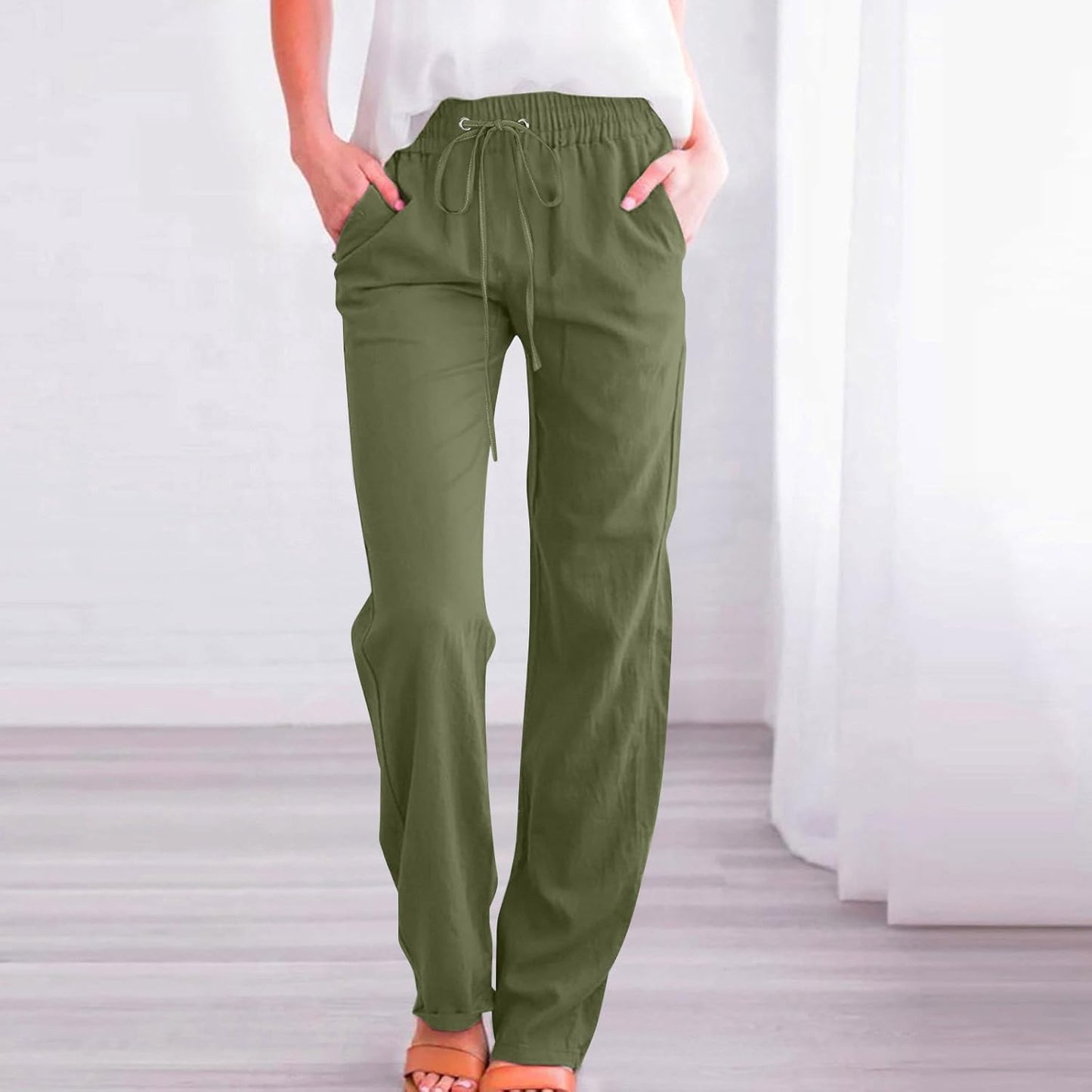 Linen Pants Women Fall Fashion High Waisted Cotton Pants Ladies Casual Plus Size Loose Fit Wide Leg Lounge Trousers