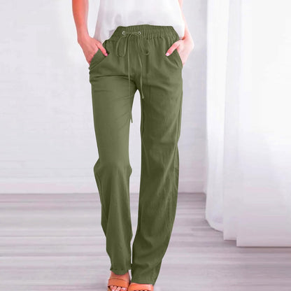 Linen Pants Women Fall Fashion High Waisted Cotton Pants Ladies Casual Plus Size Loose Fit Wide Leg Lounge Trousers