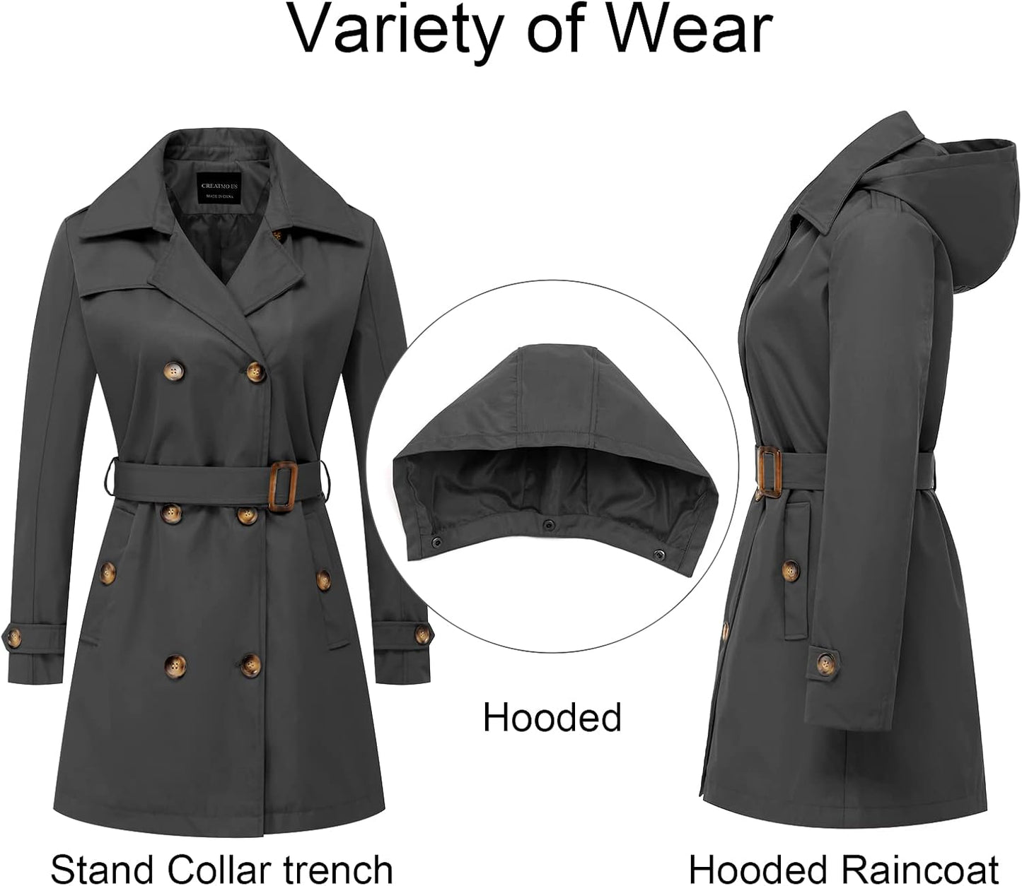 CREATMO US Women's Trench Coat Double-Breasted Classic Lapel Overcoat Belted Slim Outerwear Coat with Detachable Hood
