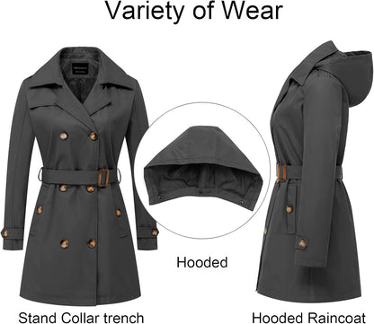 CREATMO US Women's Trench Coat Double-Breasted Classic Lapel Overcoat Belted Slim Outerwear Coat with Detachable Hood