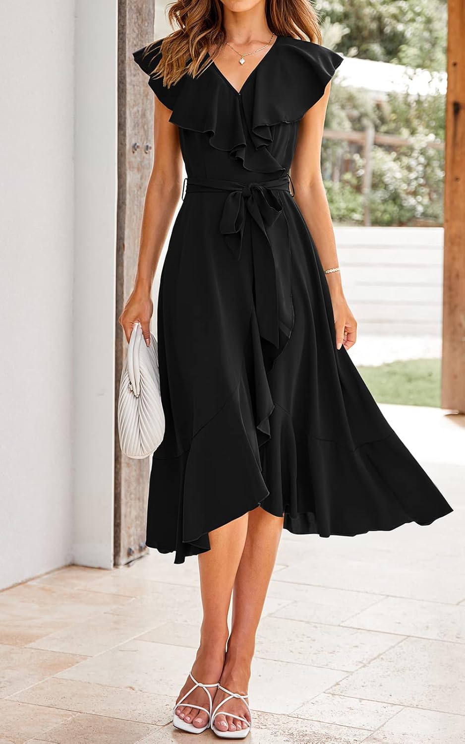 PRETTYGARDEN Women's 2025 Summer Cross Midi Dress Casual Boho Deep V Neck Short Sleeve Ruffle Hem Split Beach Long Dresses