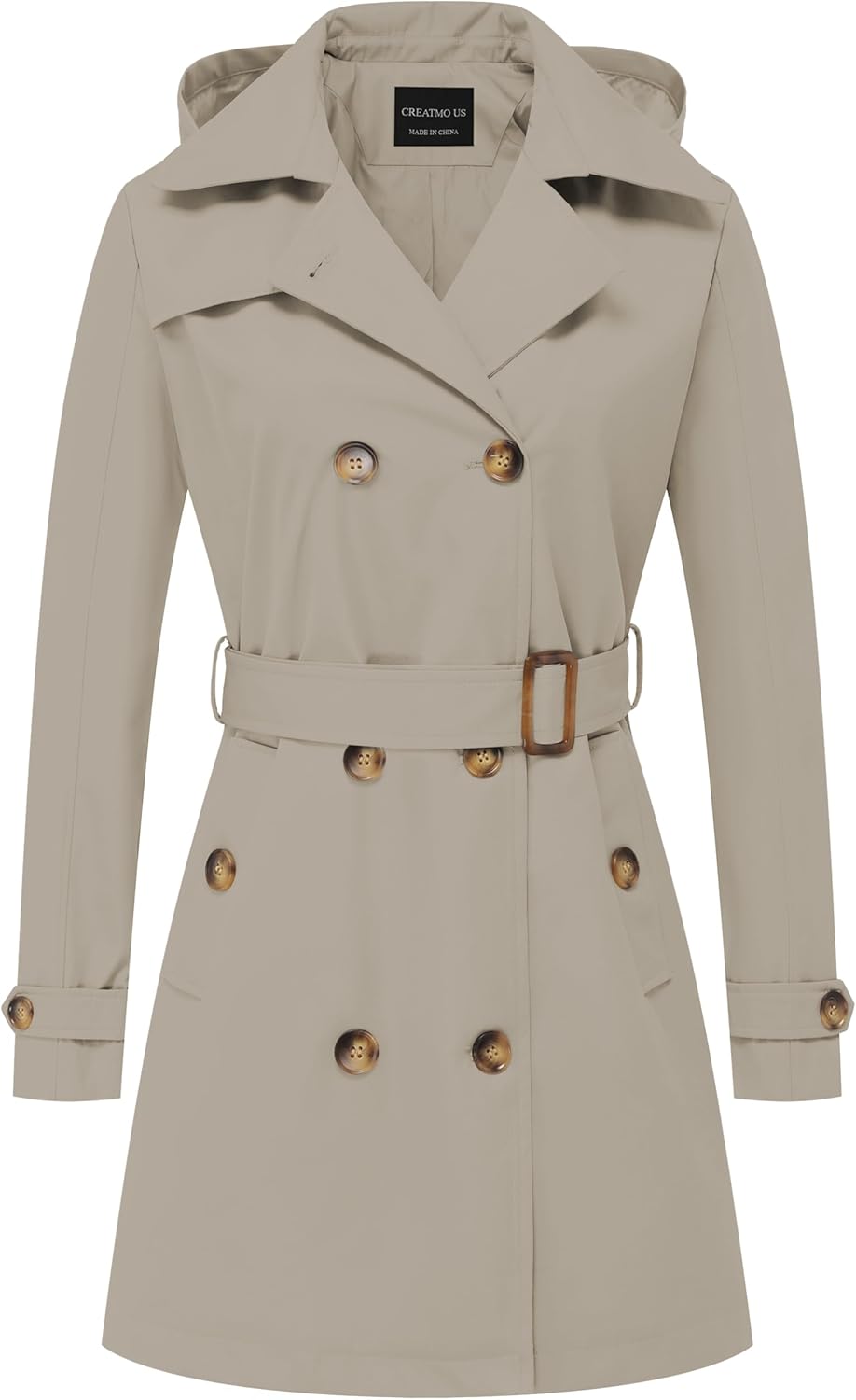CREATMO US Women's Trench Coat Double-Breasted Classic Lapel Overcoat Belted Slim Outerwear Coat with Detachable Hood