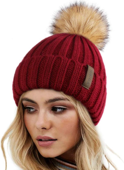 Beanie Hat with Faux Fur Pom