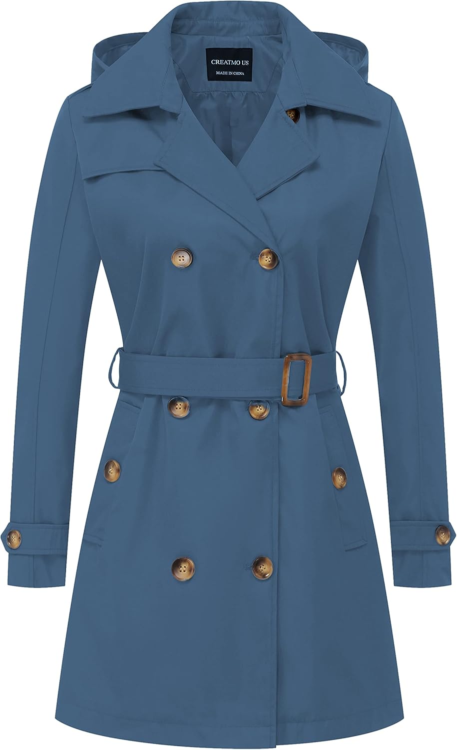 CREATMO US Women's Trench Coat Double-Breasted Classic Lapel Overcoat Belted Slim Outerwear Coat with Detachable Hood