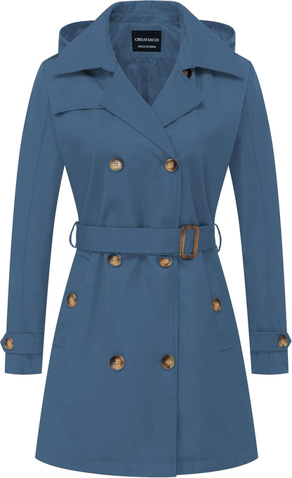 CREATMO US Women's Trench Coat Double-Breasted Classic Lapel Overcoat Belted Slim Outerwear Coat with Detachable Hood