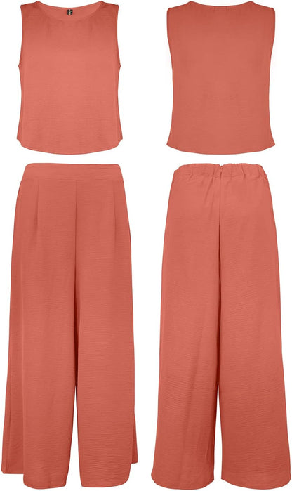 ROYLAMP Women's Summer 2 Piece Outfits Round neck Crop Basic Top Cropped Wide Leg pants Set Jumpsuits