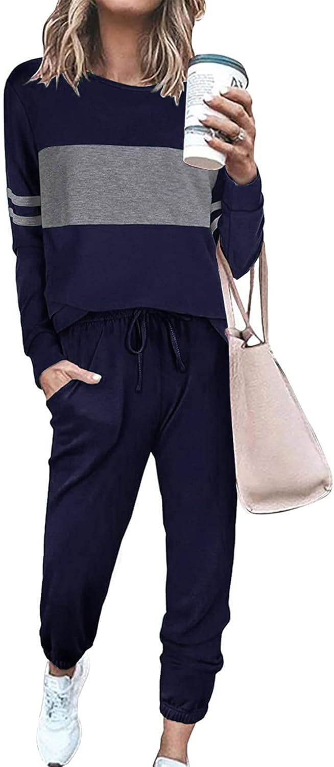 PRETTYGARDEN Women's Color Block 2 Piece 2025 Fall Tracksuit Crewneck Long Sleeve Tops Long Sweatpants Outfits Lounge Sets