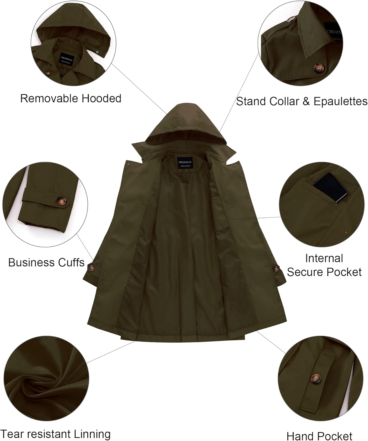 CREATMO US Women's Trench Coat Double-Breasted Classic Lapel Overcoat Belted Slim Outerwear Coat with Detachable Hood