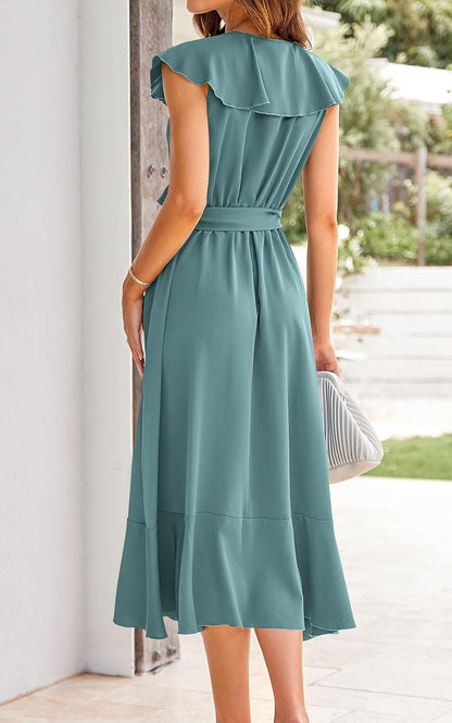 PRETTYGARDEN Women's 2025 Summer Cross Midi Dress Casual Boho Deep V Neck Short Sleeve Ruffle Hem Split Beach Long Dresses