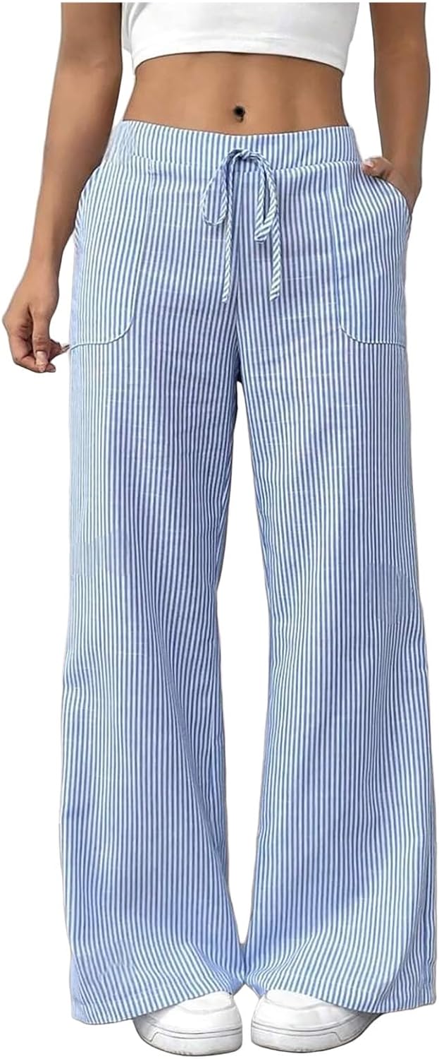 Women's Fashion Striped Cotton Linen Pants Casual Drawstring Waist Wide Leg Pants 2025 Trendy Baggy Beach Trousers