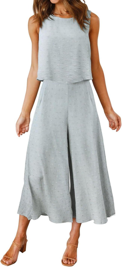 ROYLAMP Women's Summer 2 Piece Outfits Round neck Crop Basic Top Cropped Wide Leg pants Set Jumpsuits