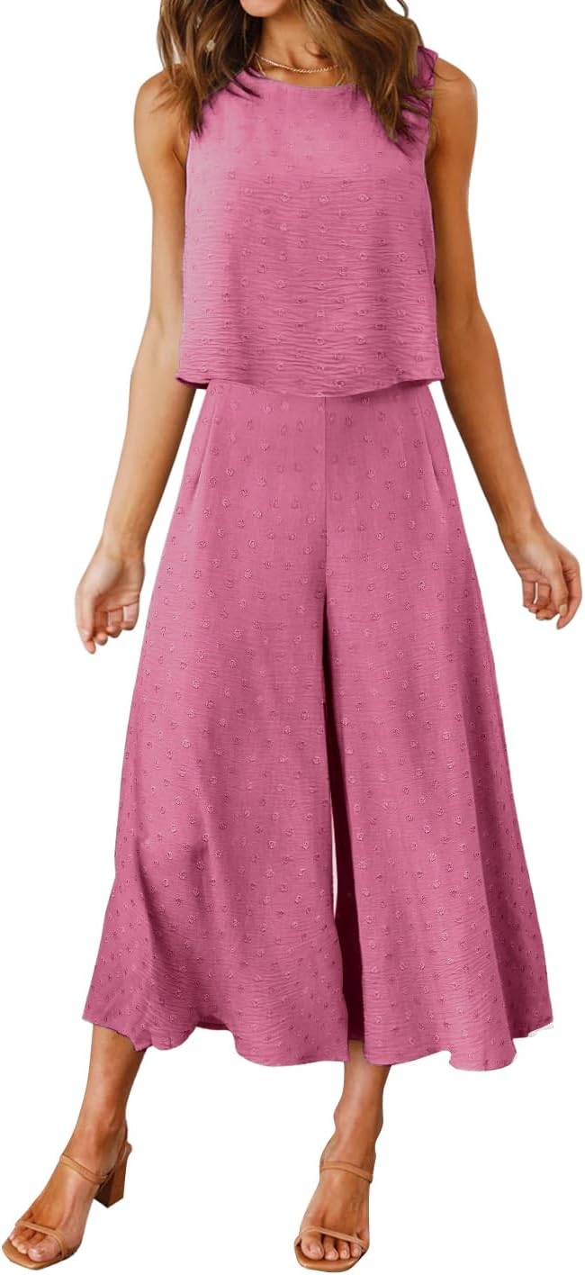 ROYLAMP Women's Summer 2 Piece Outfits Round neck Crop Basic Top Cropped Wide Leg pants Set Jumpsuits